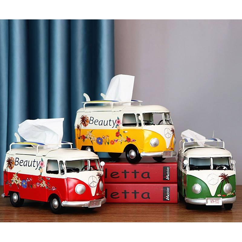 美式工业风铁艺巴士模型甲壳虫汽车模型纸巾盒抽纸盒铁艺车模摆件