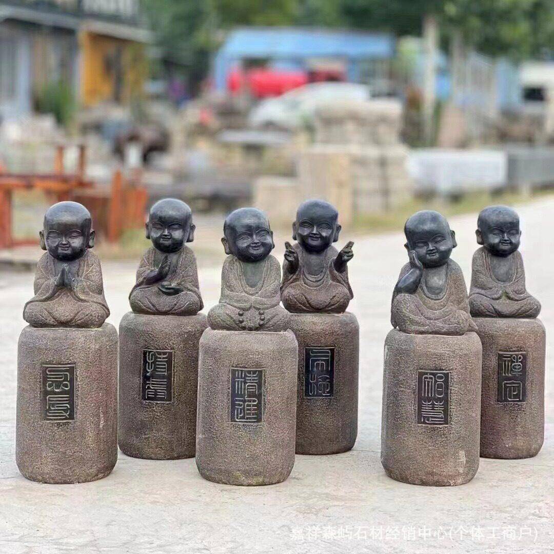 石雕小沙弥小和尚青石雕像人物做旧仿古石头摆件寺庙佛像雕塑装饰