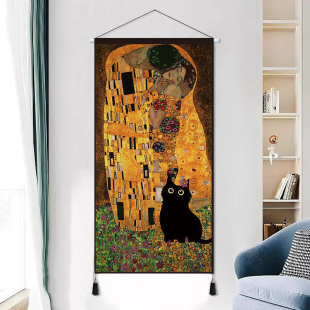 饰长条背景布挂布 当黑猫闯进名画布艺挂画搞怪艺术油画挂毯客厅装