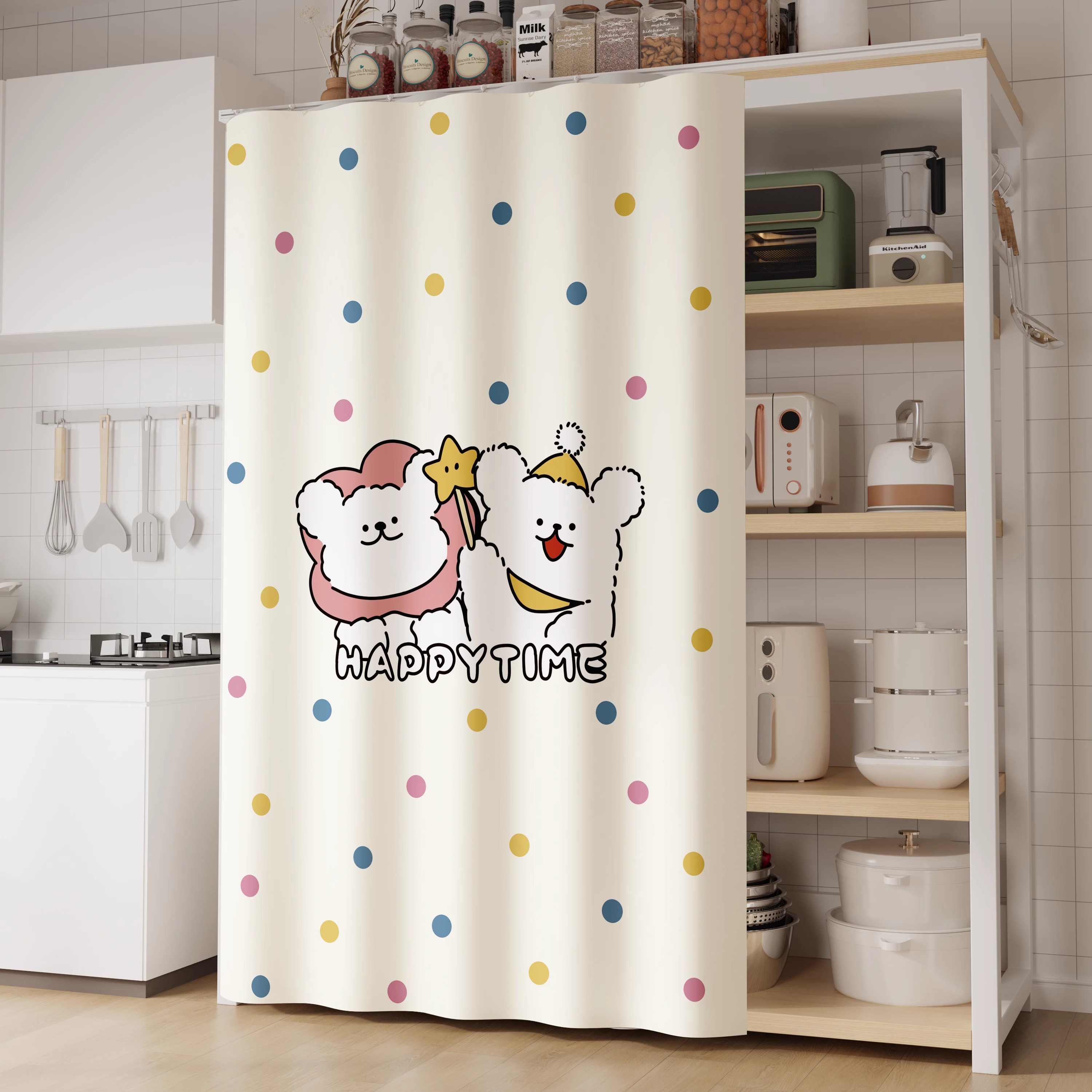 卡通线条小狗置物架遮挡帘厨房橱柜杂物遮丑帘子免打孔滑轨防尘帘