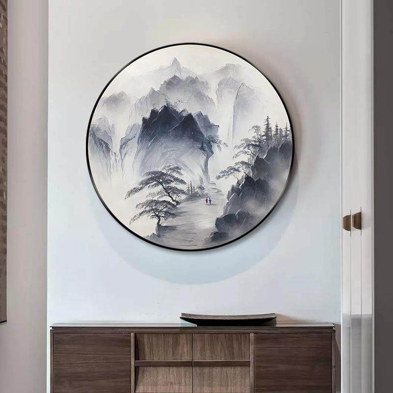 手绘油画圆形玄关装饰画新肌中式客厅道壁tg2270山水风景走画廊过