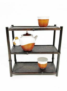 手工竹博制小茶棚梅鹿竹茶收纳架紫竹文古玩展示架LVA茶台架具多