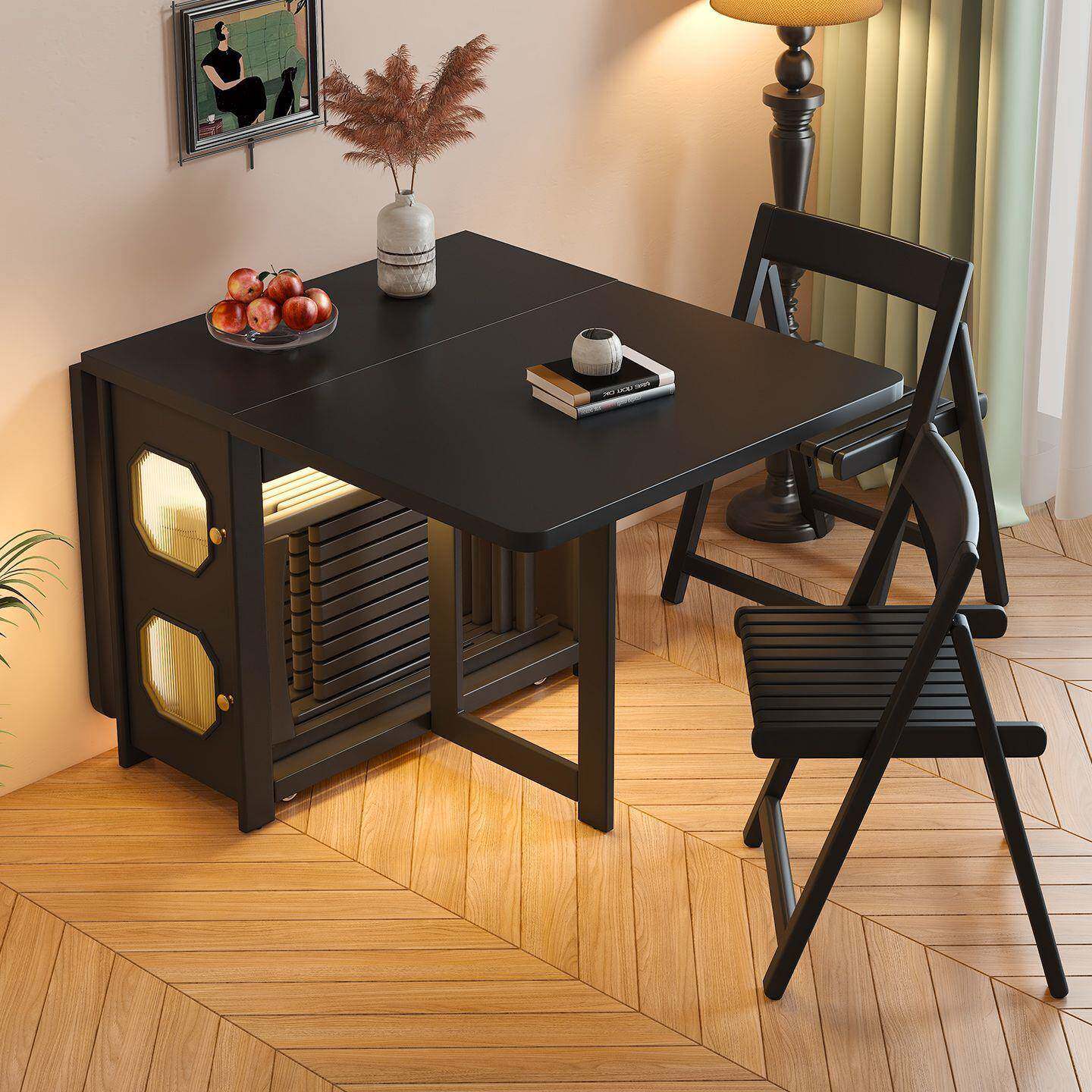 中古风木折实叠餐桌体DAF餐柜家用小户型法一式复古伸缩多功能黑