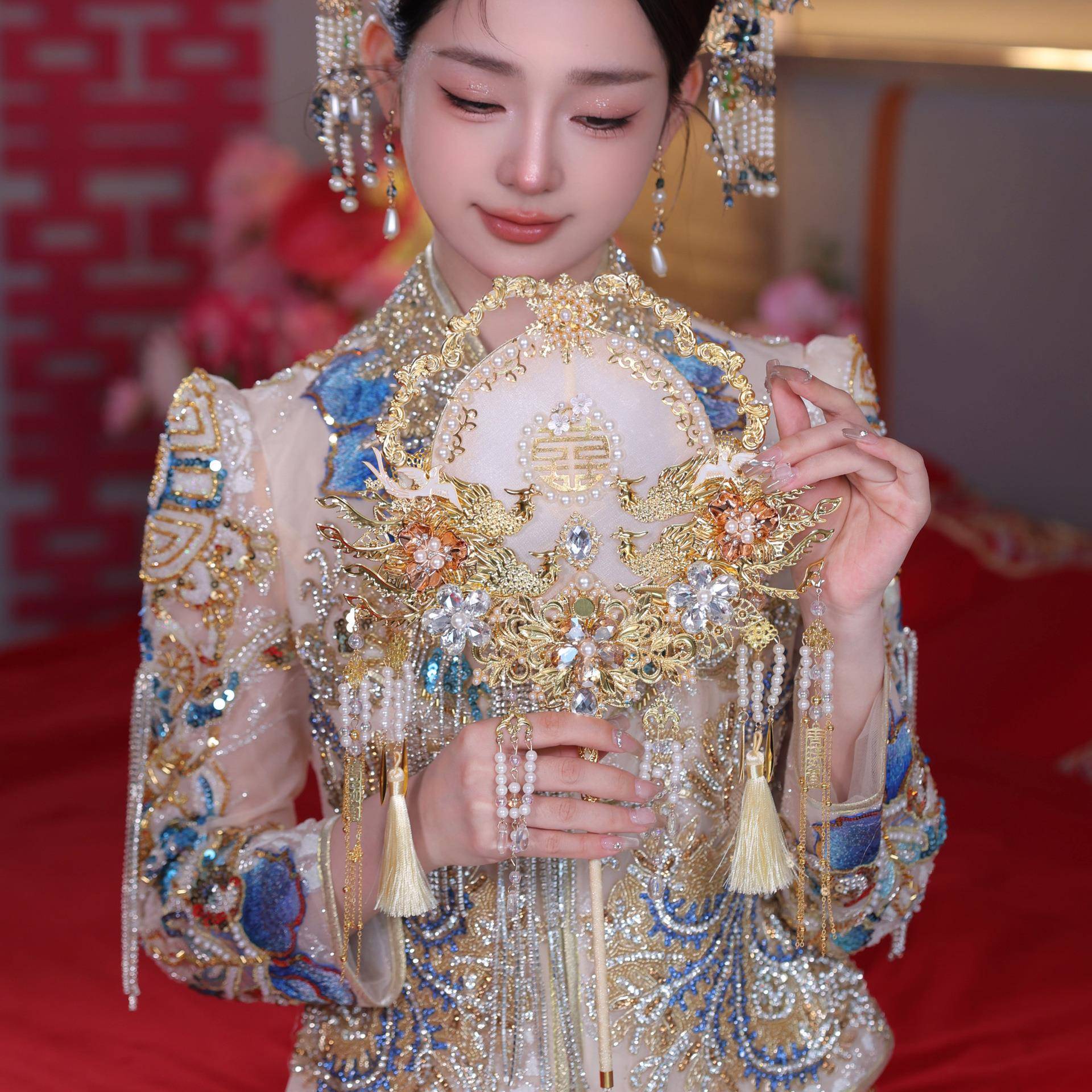 新品喜团扇婚结OHW婚新娘秀禾服手工扇中式扇1成品团扇945