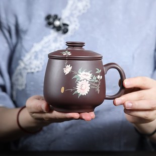 宜兴紫砂杯带内胆茶水分离家用泡茶杯手工堆绘变色水杯礼品三件套