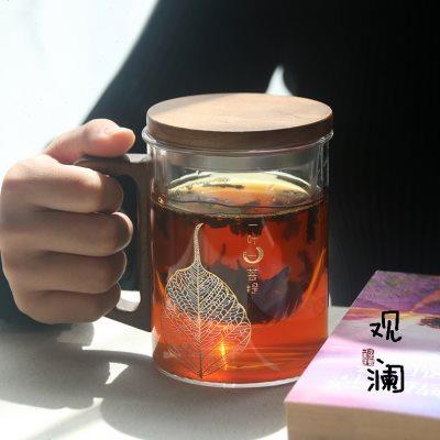 高档绿茶杯胡桃木把手喝水杯带盖耐高温玻璃杯男女办公室泡茶杯子