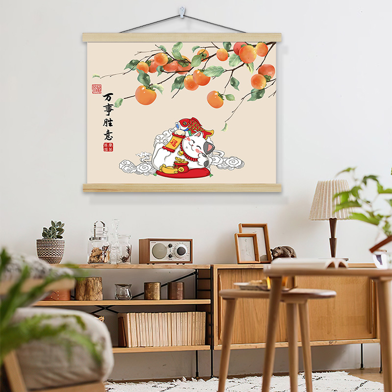 万事如意餐厅装饰画卡通猫咪饭厅遮挡挂布免打孔定制卷轴布艺挂画图片
