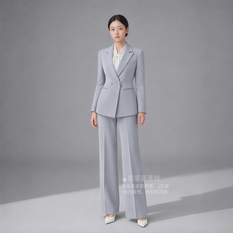 灰色双排扣女西装套装秋冬新款图片