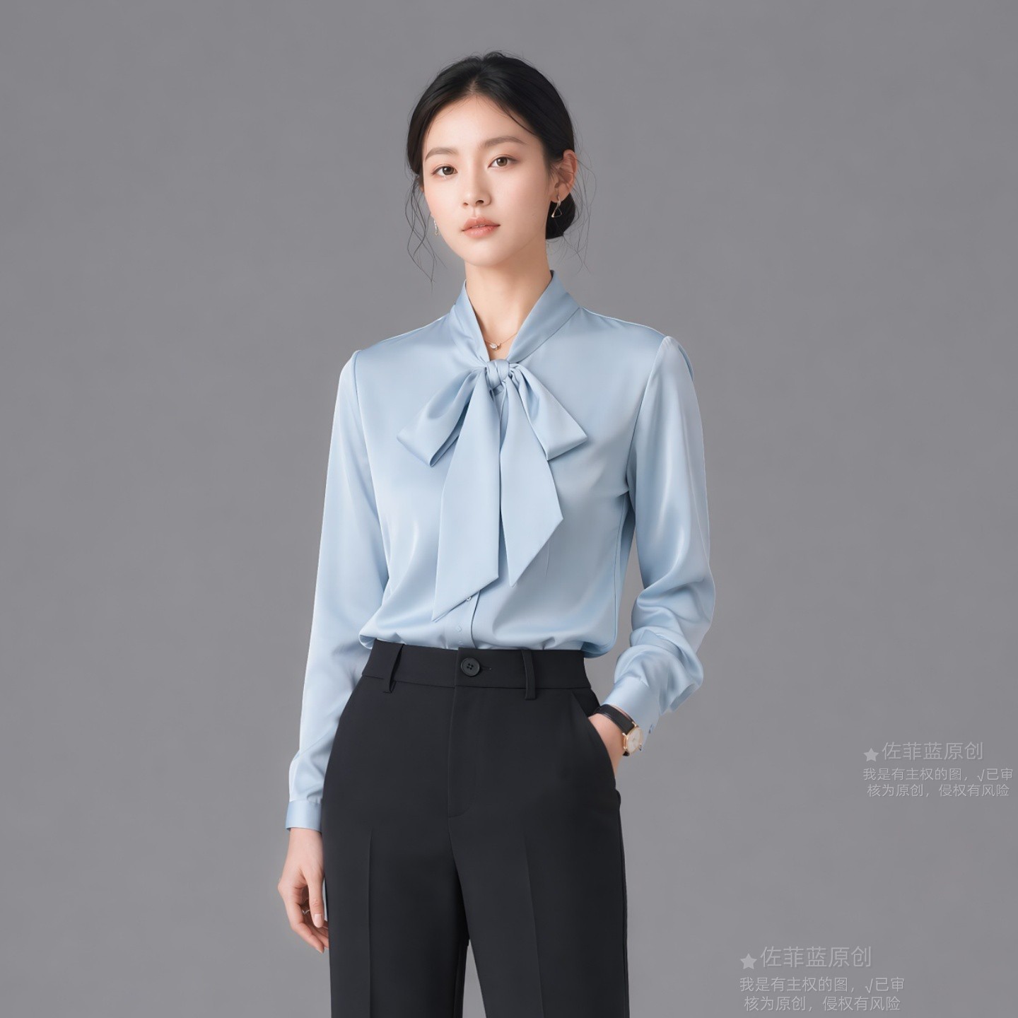 秋季法式飘带衬衫女长袖上衣职业通勤OL风格纯色抗皱正装工作服