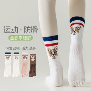 秋冬纯色女士双罗口五趾瑜伽袜防滑吸汗五指袜防臭抗菌运动小腿袜