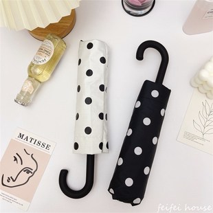 优雅黑白赫本波点黑胶防紫外线弯钩三折叠晴雨伞防晒遮阳太阳伞女