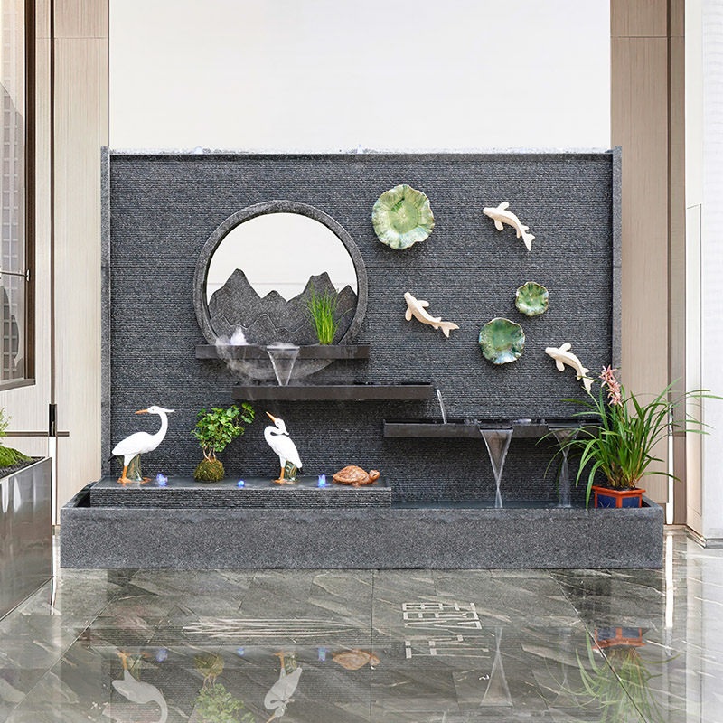 新中式石材水幕墙流水墙屏风隔断背景墙循环水景鱼池造景庭院布置