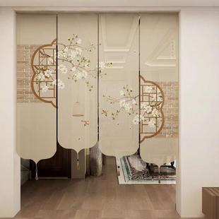 新中式 饰门帘隔断 花鸟国风窗帘办公室茶室升降卷帘日式 玄关遮光装
