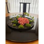 酒店包间圆形餐桌转盘中间装 饰摆件假山手感绣球假花艺微景观盘景