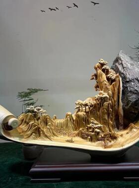 太行土嘉根雕天然根抱石江山彩绘金南木雕入口工艺品装饰摆件