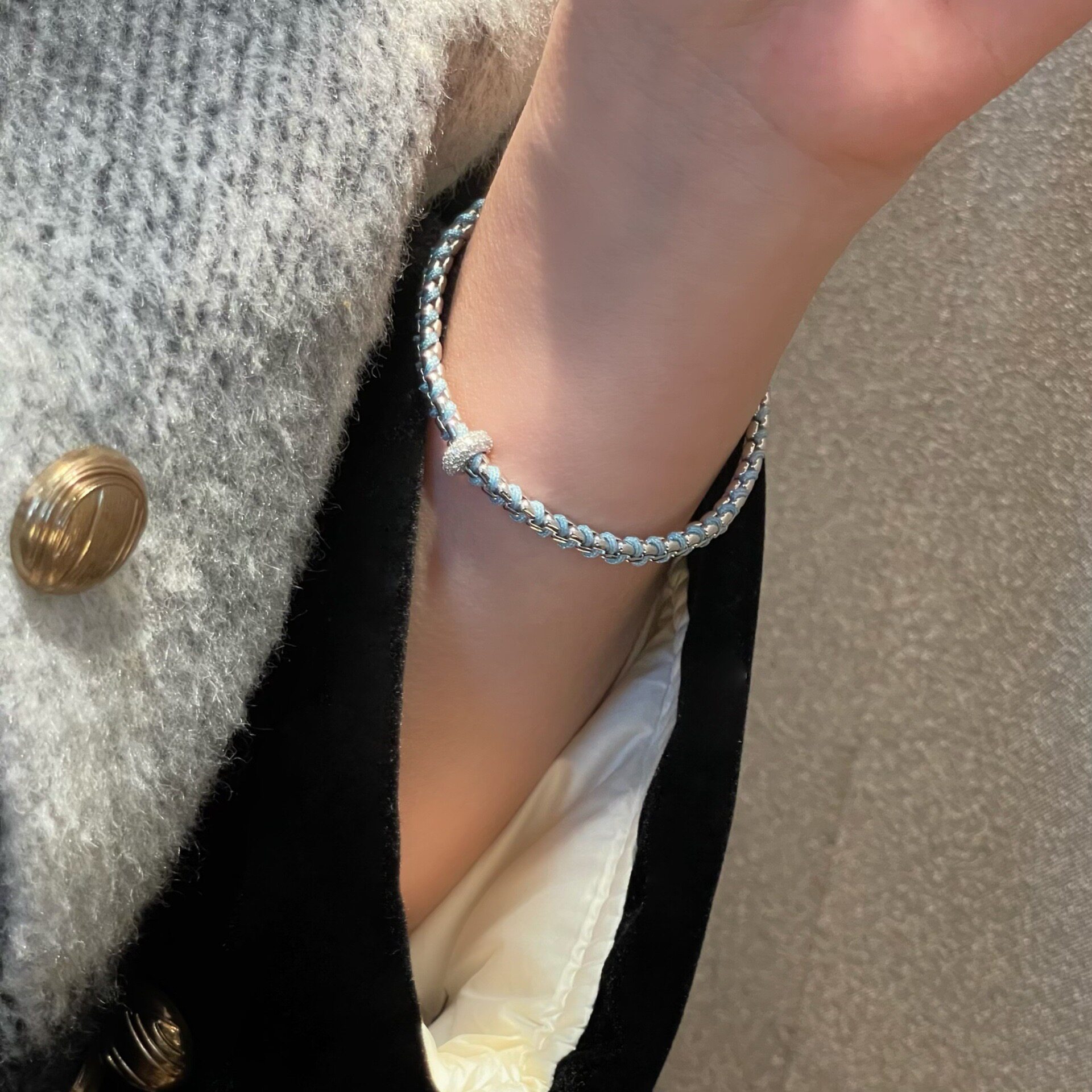 意大利手工编织S925纯银蓝色葡萄藤闪钻手链女轻奢高级小众手饰品