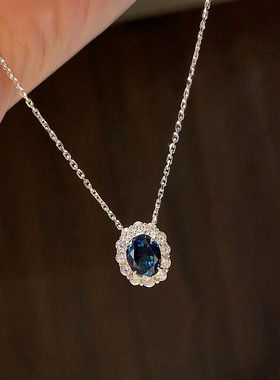 高贵典雅椭圆形蓝宝石满钻项链S925纯银镀厚金设计师款清冷感颈链