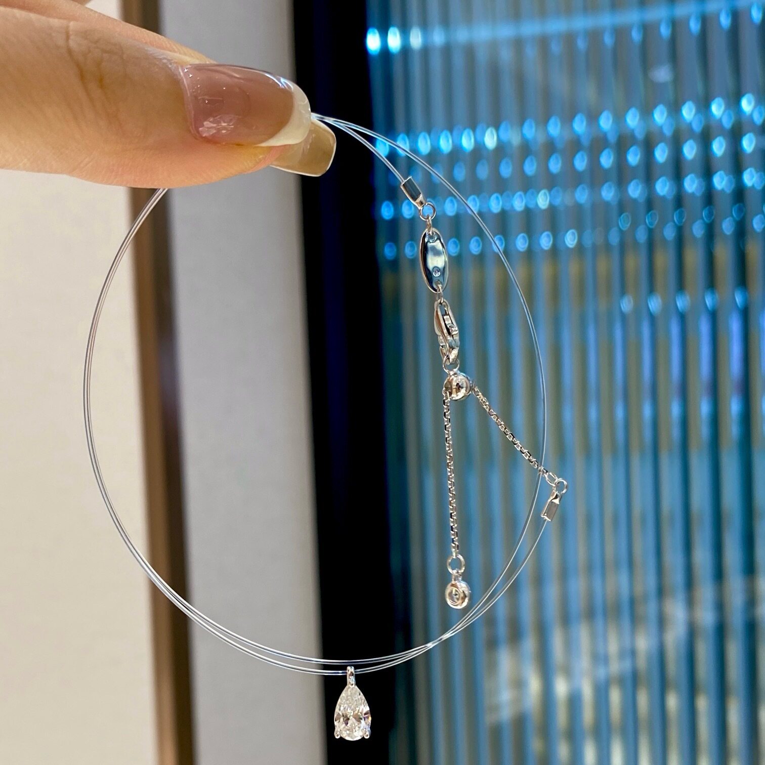 人鱼泪!S925纯银水滴马眼锆石透明鱼线简约精致锁骨链莫桑项链