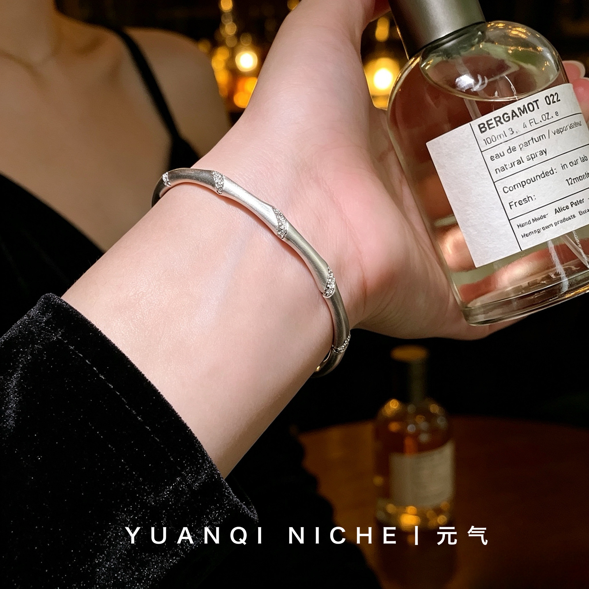 S925纯银拉丝竹节形手镯女镶钻小众轻奢高级感开口贵妃镯百搭