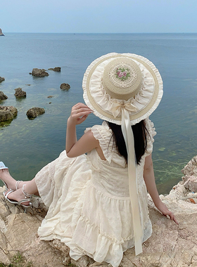 洛丽塔法式蕾丝草帽刺绣软妹手工Lo娘防晒帽子太阳帽显瘦doll洋气