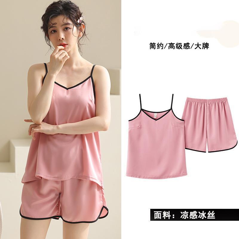夏季睡衣吊带女款套装大码纯色家居服缎面薄款背心两件套女士