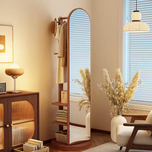 实木全身镜全身镜落地镜家用卧室可旋转省空间带挂衣架一体全身镜