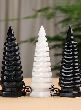 天然白玉黑曜石文昌塔摆件9层13层书桌客厅办公室桌面摆设装饰品