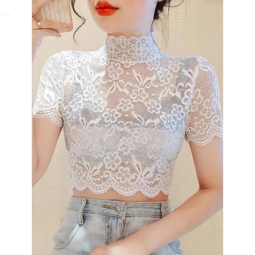蕾丝假领百搭新款镂空网纱内搭2025蕾丝打底衫纱衣气质t恤上衣