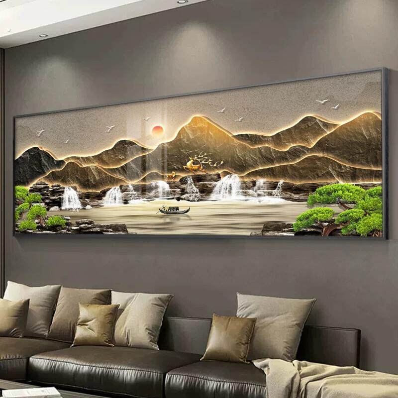 2025新款客厅装饰画新中式中堂沙发背景墙挂画山水画茶室横幅壁画