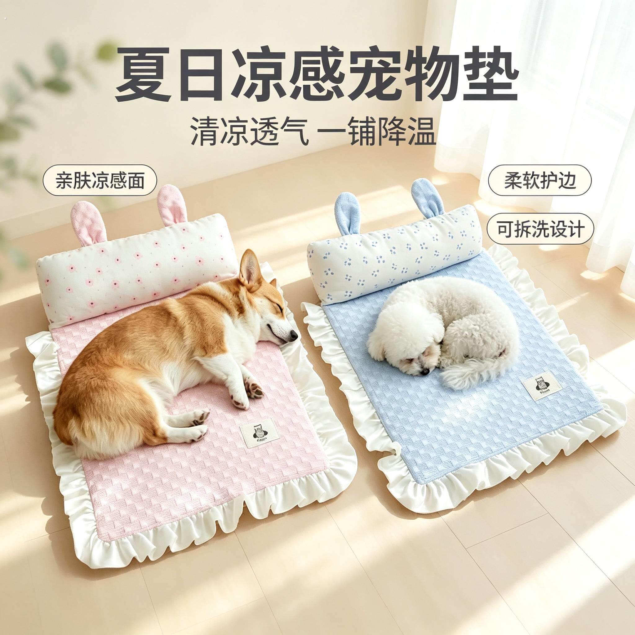 宠物凉垫冰豆豆猫狗通用垫子小兔耳枕头夏季降温小狗睡觉猫窝垫子