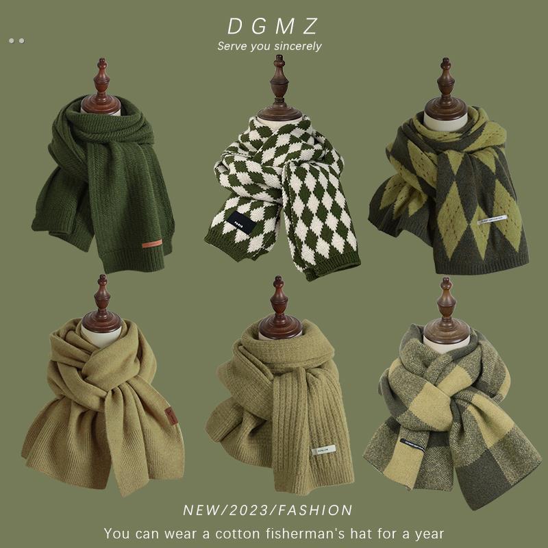复古牛油果绿色格子围巾女秋冬季橄榄绿墨绿高级感保暖加厚围脖男