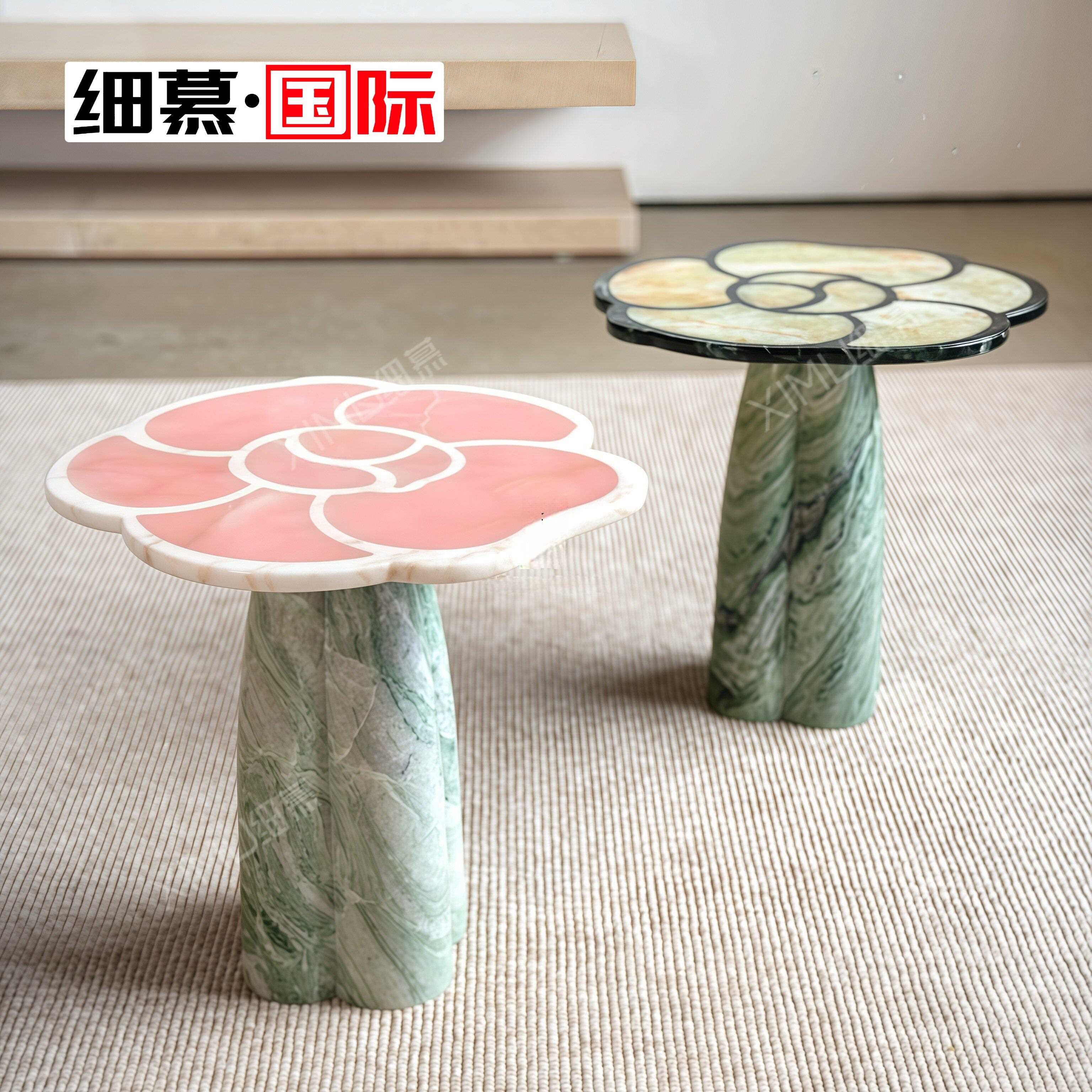 网红款奶油风粉色花朵大理石边几角几客厅轻奢高级感极简花瓣茶几