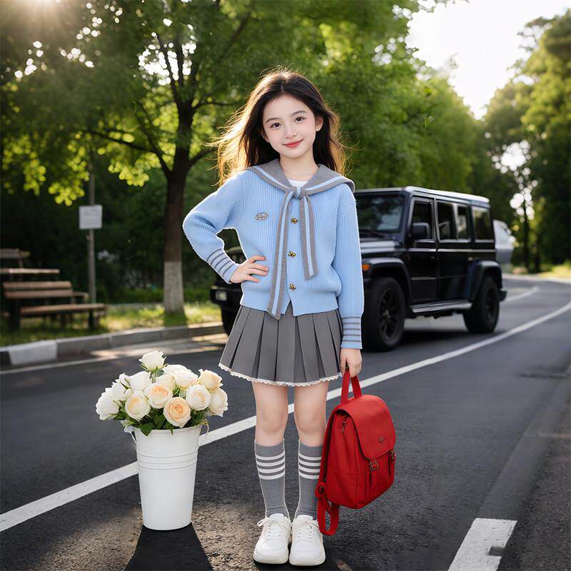 女童春秋款毛衣半身裙套装2026小女孩学院风针织开衫外套百褶短裙