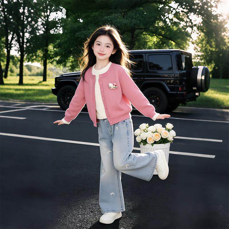 女童针织开衫春秋款2026新款套装中大童春装洋派假两件毛衣外套