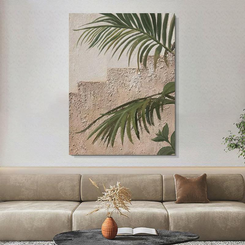 纯手绘丙烯肌理i感油画极简侘寂风客厅装饰画绿植立体抽象玄关挂图片