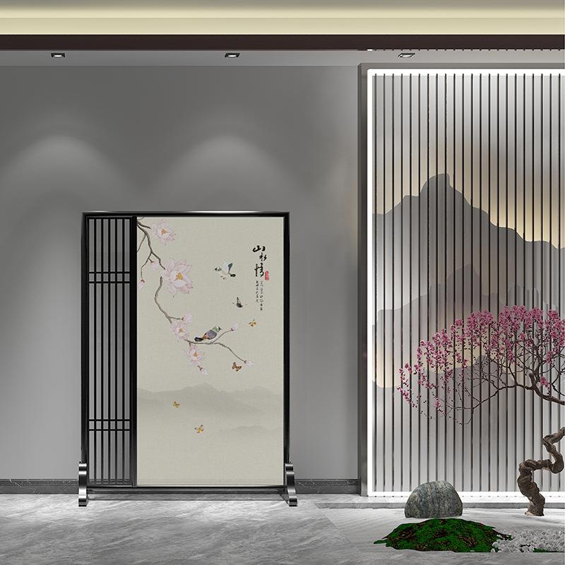 中式家用客厅餐厅酒店布艺山水画隔断屏风入户镂空花格装饰玄关图片