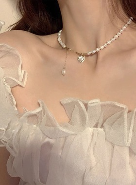 跳动的心~时尚百搭珍珠爱心贝壳流苏项链女轻奢小众感锁骨链