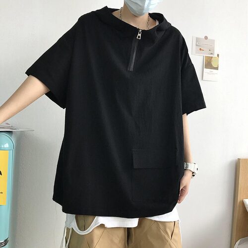 连帽短袖t恤男夏季装潮流宽松上衣服日系cityboy青少年半拉链卫衣