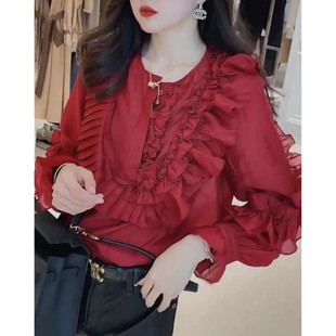 女上衣红色衫 9857大爱美依缘2025秋季 衬衫 圆领压褶荷叶边长袖 新款