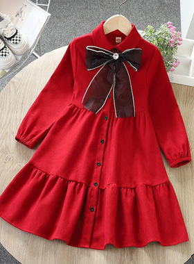 女童红色连衣裙春装新款时髦儿童长袖韩范公主裙洋气女孩春秋