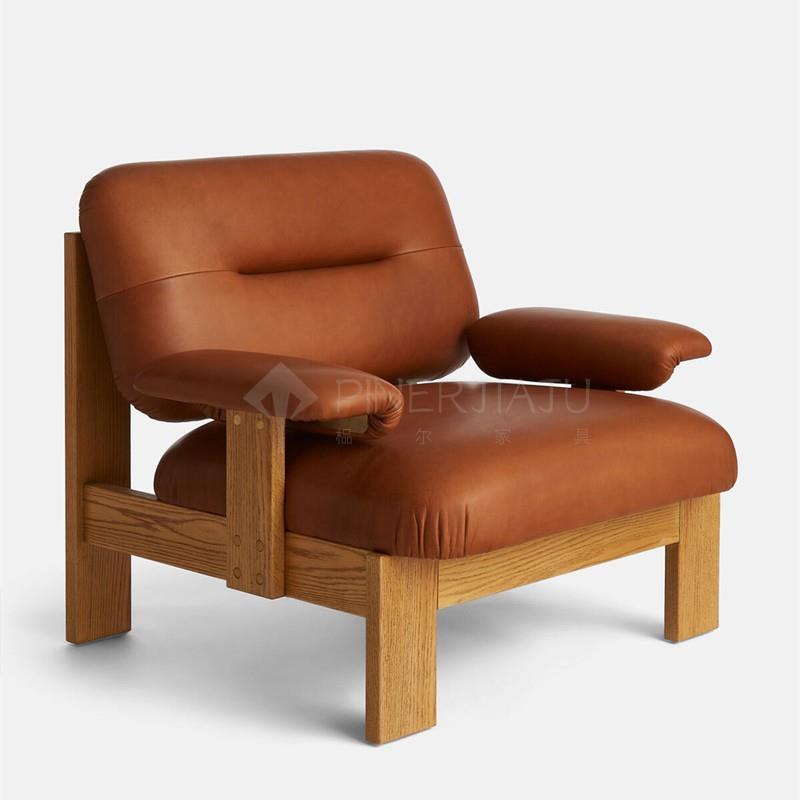 北欧简奢客厅实木皮艺沙发椅酒店会所办公洽谈椅展厅售楼部接待椅