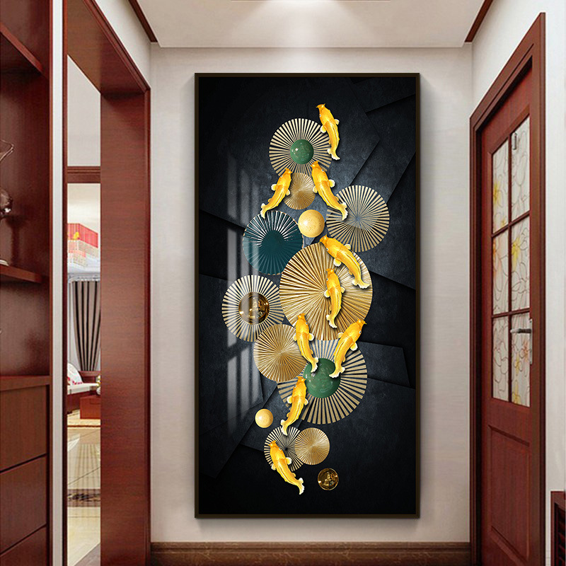 九鱼图玄关装饰画家装走廊过道竖版壁画新中式酒店别墅大尺寸挂画图片