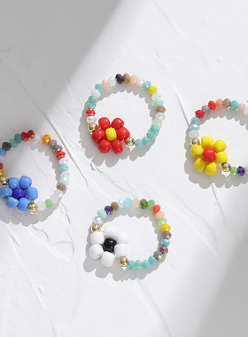 2025新款日韩风混色米珠弹性花朵女士时尚戒指批发米珠女款饰品