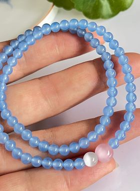 新中式国风双圈玉手链女士新款海蓝宝色石英岩玉配猫眼石双圈