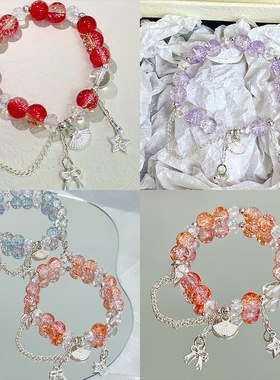 新款红色手工串珠弹力手串时尚轻奢高颜值星星流苏手链小众百搭