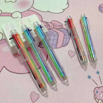 透明6色圆柱笔按动式笔彩色标记笔学生书写工具个性六色彩虹笔