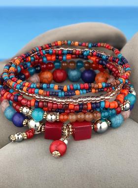 欧美时尚百搭民族风波西米亚风手工混搭细腻米珠多层女手链手串