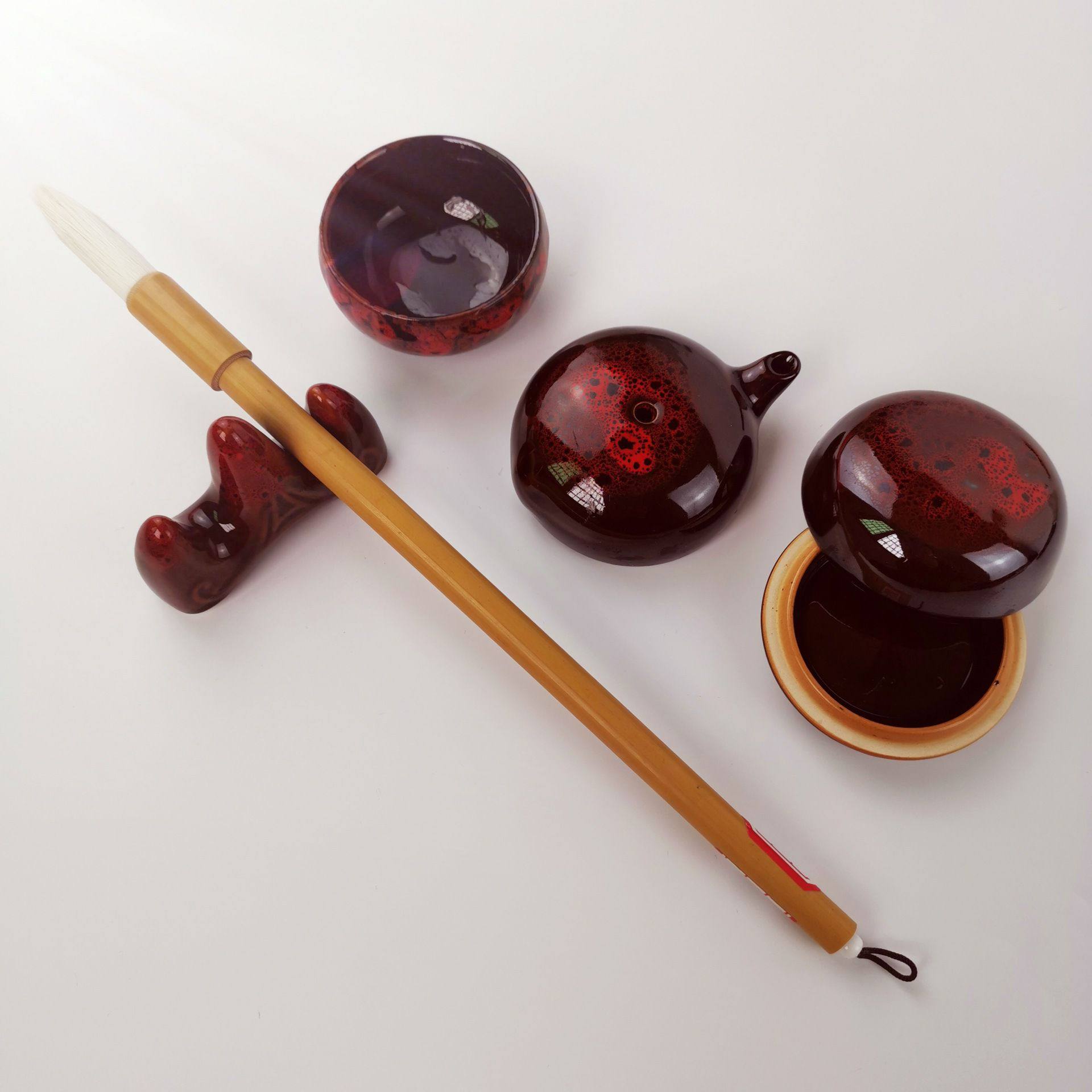 窑变红套装水滴笔山印泥盒笔洗四件套文房四备件厂家销售