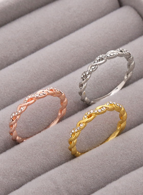 跨境新款麻花镶钻戒指18k金925银玫瑰金简约钻石指环戒指饰品