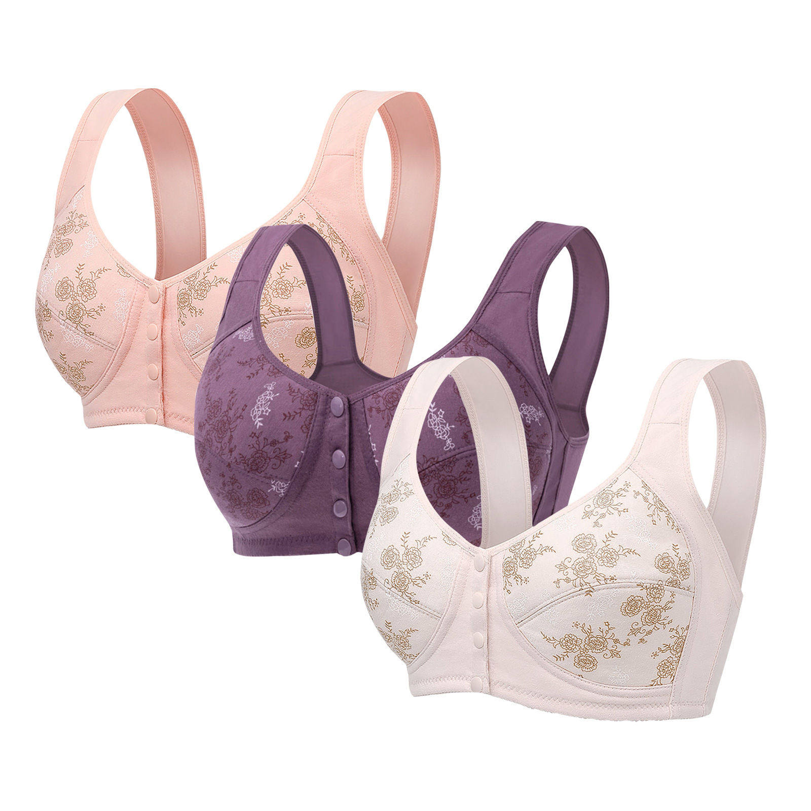 跨境3PC装前扣大码聚拢舒适透气中老年文胸女调整型收副乳内衣